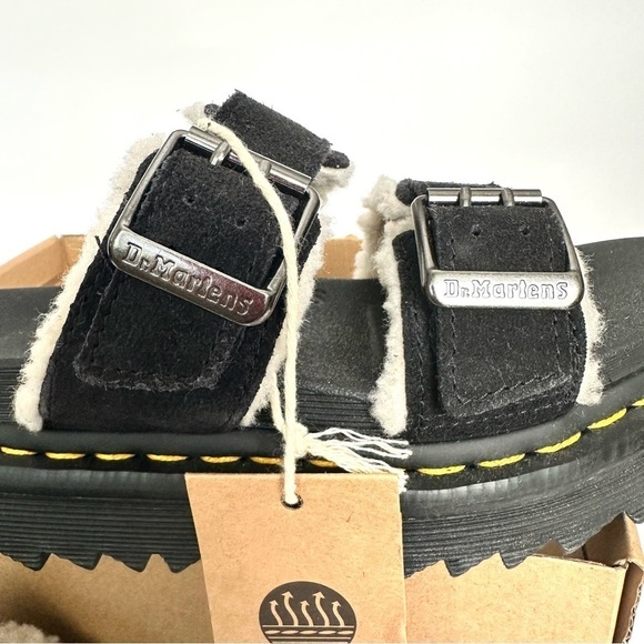NWT Dr. Martens Myles black leather two-buckle sandals slide fur fleece NIB sz 6 - Picture 3 of 15